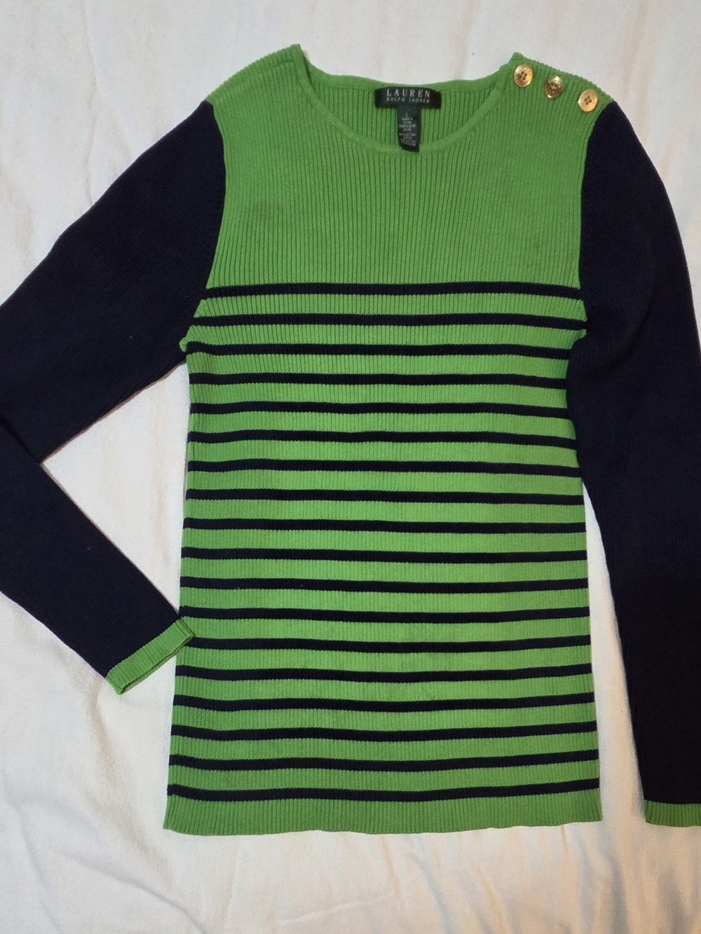 Lauren Ralph Lauren Green and Navy Striped Crewneck Top